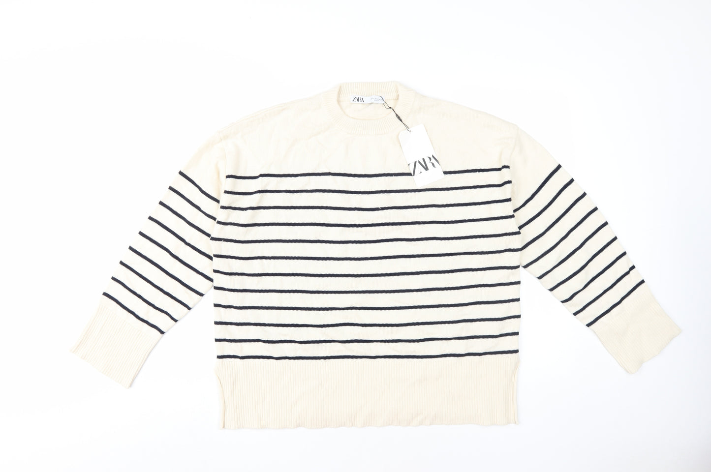 ZARA Women's Beige Striped Pullover Jumper - Size L
