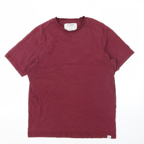 Pull & Bear Men's Red Cotton Crew Neck T-Shirt Size S