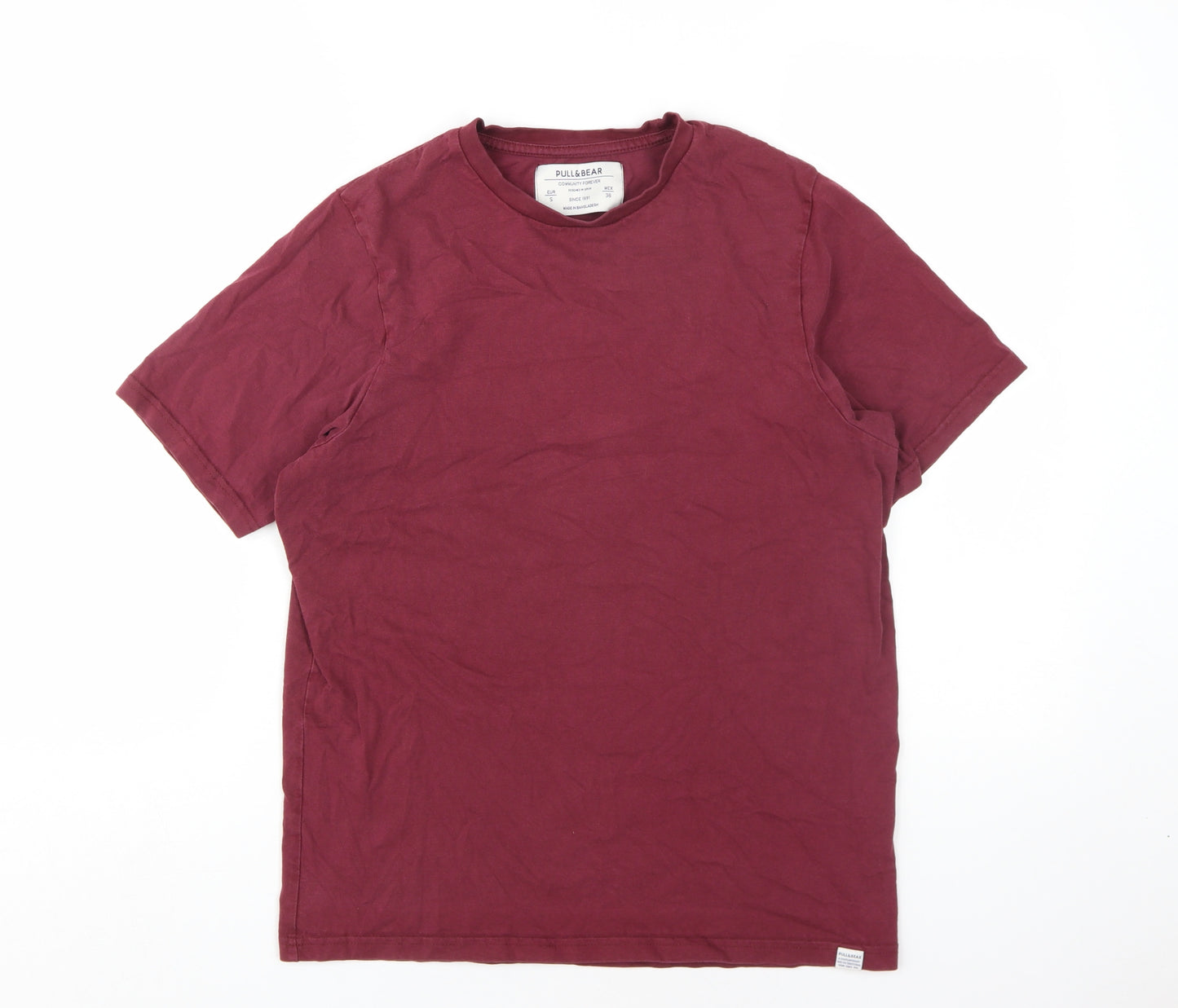 Pull & Bear Men's Red Cotton Crew Neck T-Shirt Size S