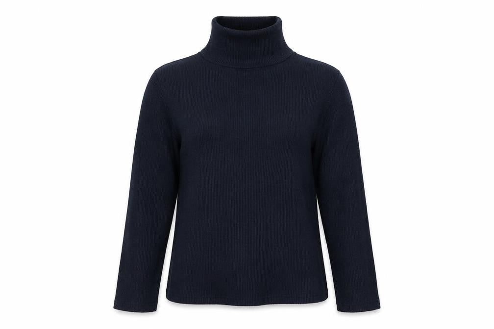 Front view of ISLE Essentials Women's Blue Roll Neck Jumper, size S