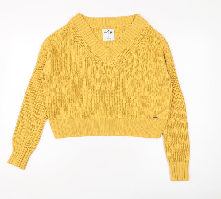 Hollister Women's Yellow V-Neck Pullover Jumper, Size S