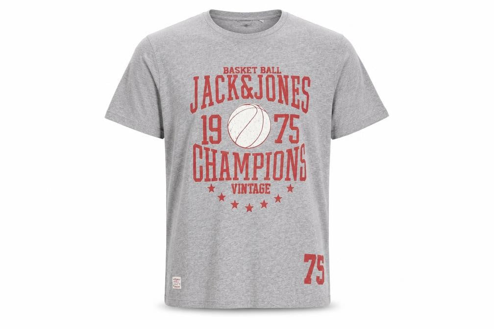 Front view of Jack & Jones Men's Grey Graphic Print T-Shirt L