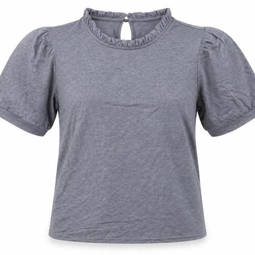 Cream Women Grey T-Shirt L High Neck Puff Sleeve