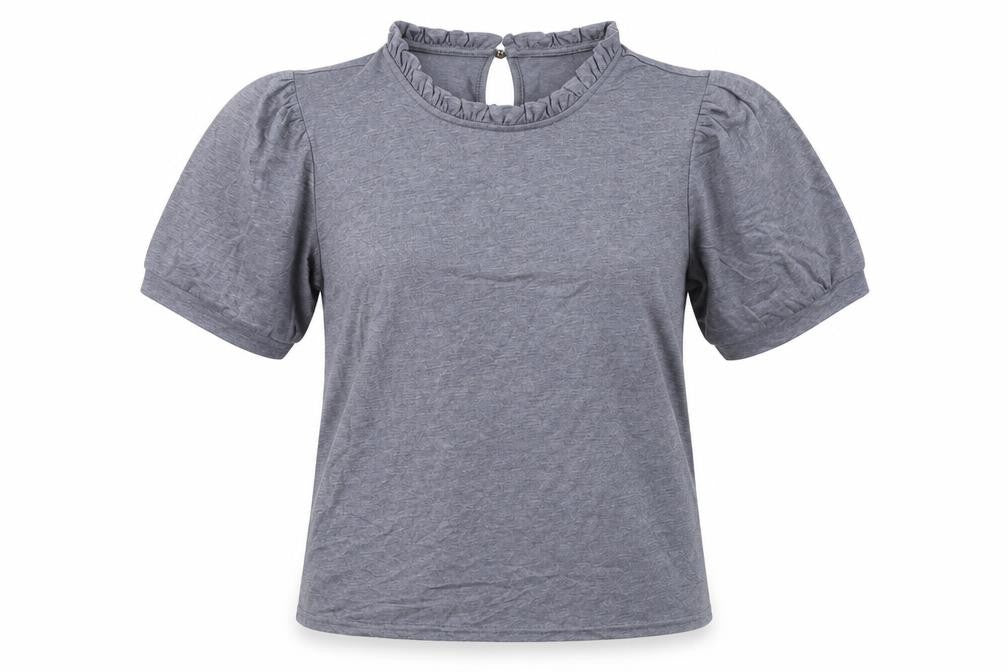 Cream Women Grey T-Shirt L High Neck Puff Sleeve