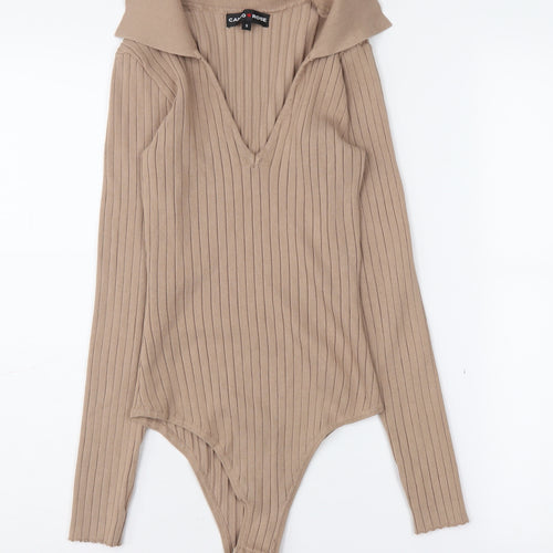 Cameo Rose Women's Beige Bodysuit, Small, Collared Knit