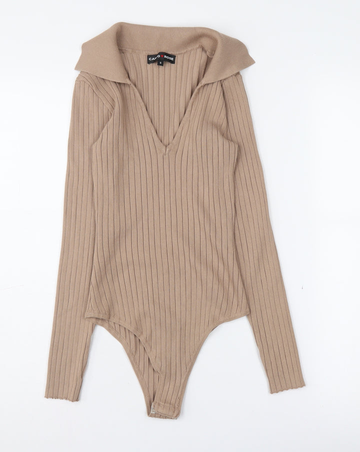 Cameo Rose Women's Beige Bodysuit, Small, Collared Knit