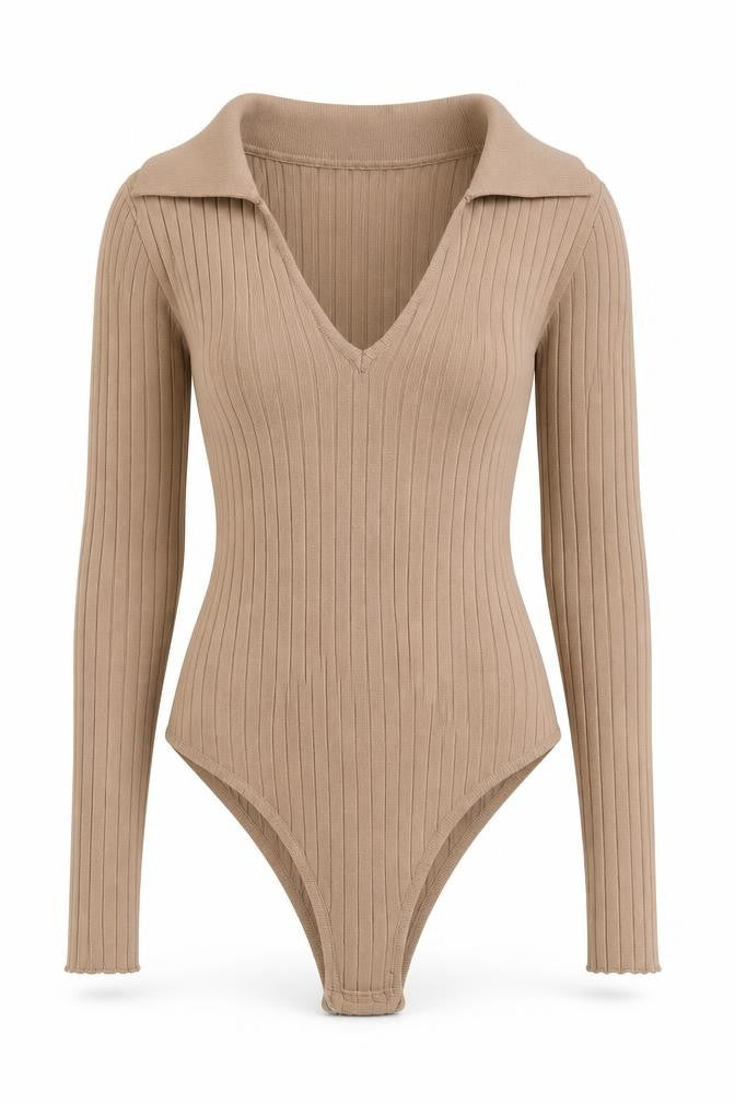 Front view of Cameo Rose Women's Beige Bodysuit, Small, Collared Knit