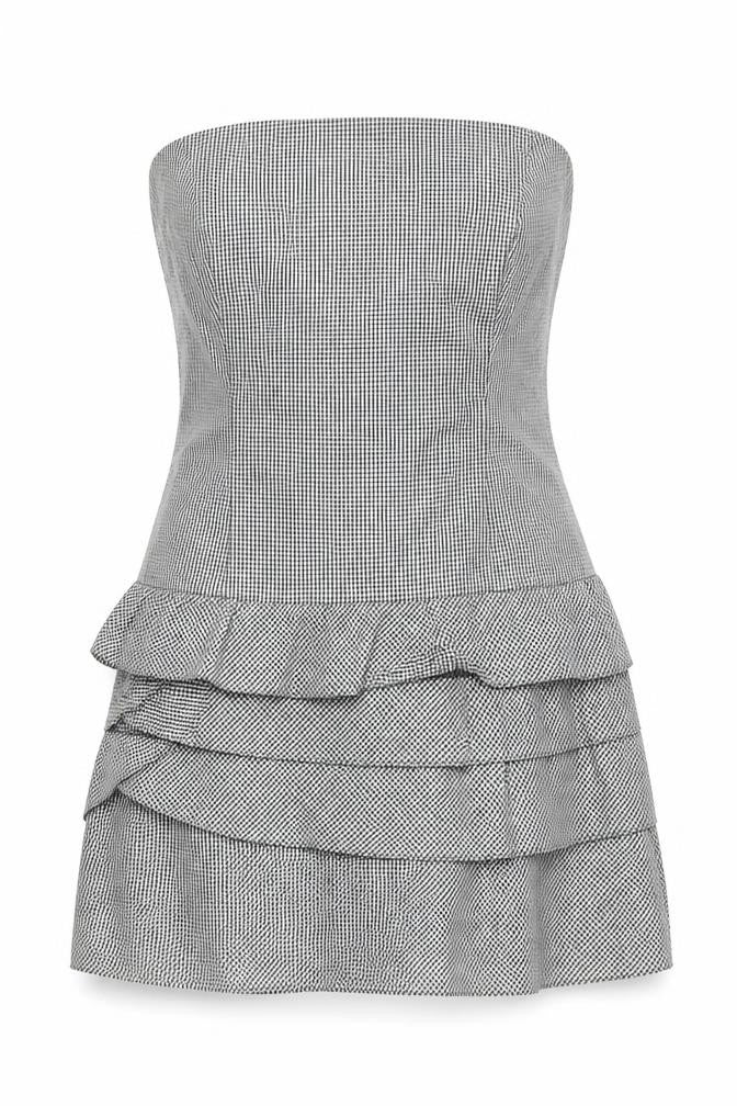 Front view of Next Women's Black Check Strapless Dress, size 14