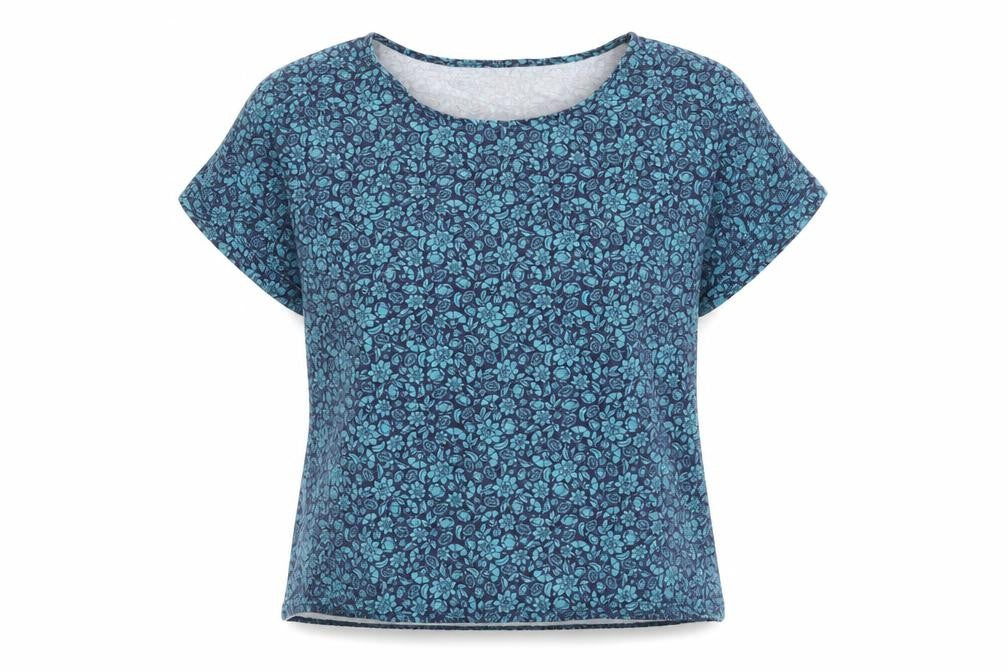 Front view of Julipa Women’s Blue Floral Basic T-Shirt, size UK 15