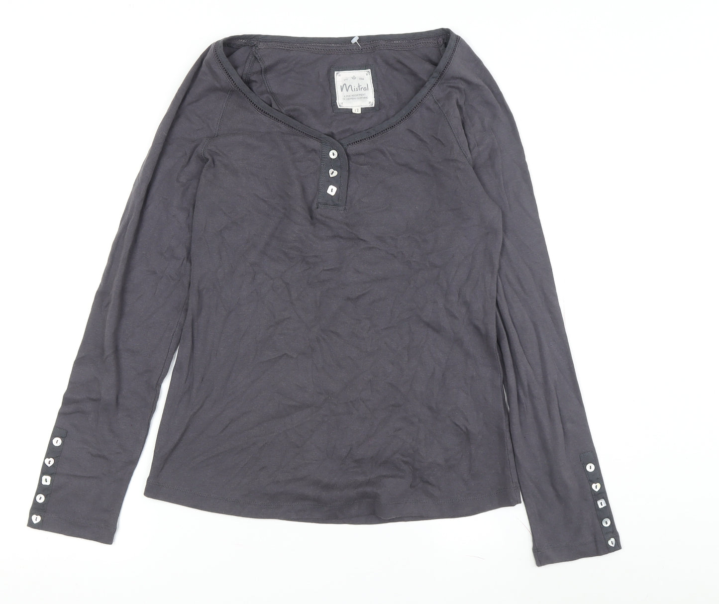 Mistral Women's Grey Henley T-Shirt, Size 12