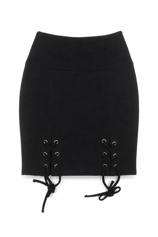 Front view of ASOS Women's Black Lace Up Pencil Skirt, size 6, Elegant Style