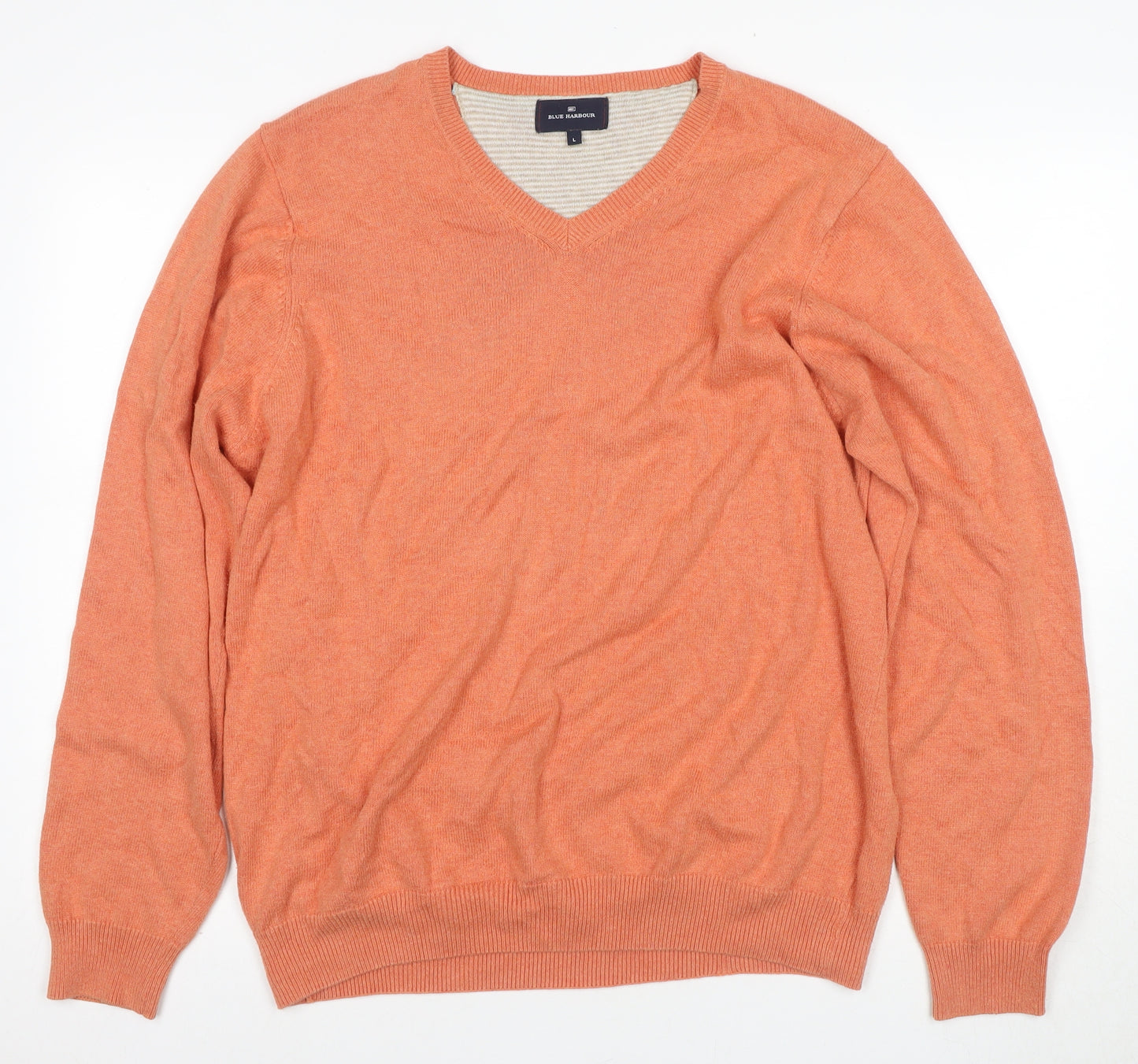 Blue Harbour Men's Orange V-Neck Cotton Jumper - L