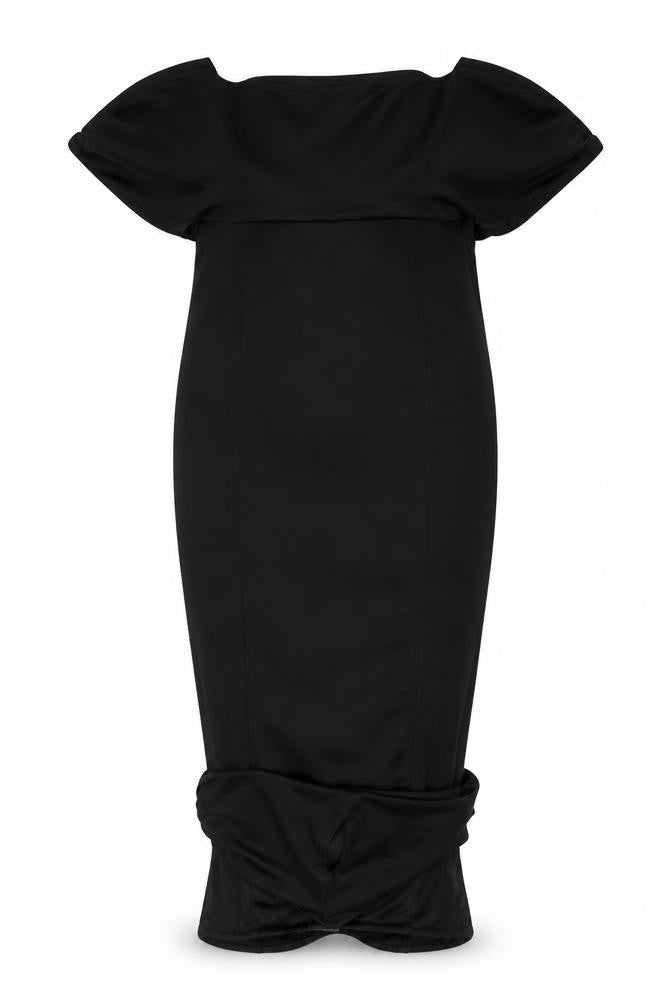 Front view of PRETTYLITTLETHING Women's Black Off-Shoulder Midi Dress, size 8