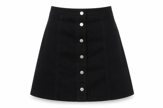 Front view of H&M Women's Black A-Line Button Skirt, size 6, Polyester