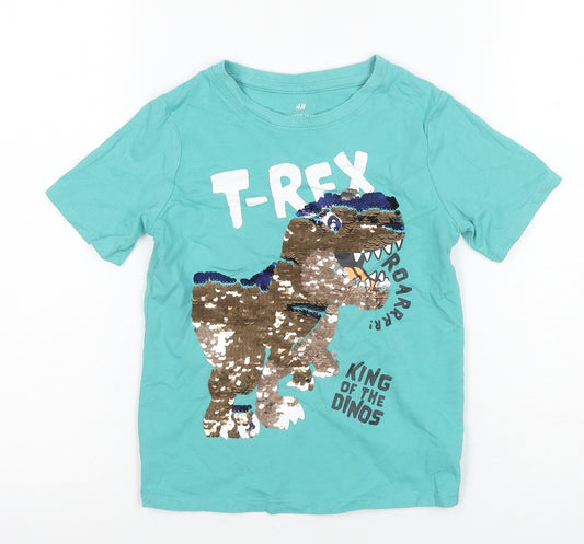 H&M Boys Blue Dinosaur Sequin T-Shirt 5-6 Years Casual