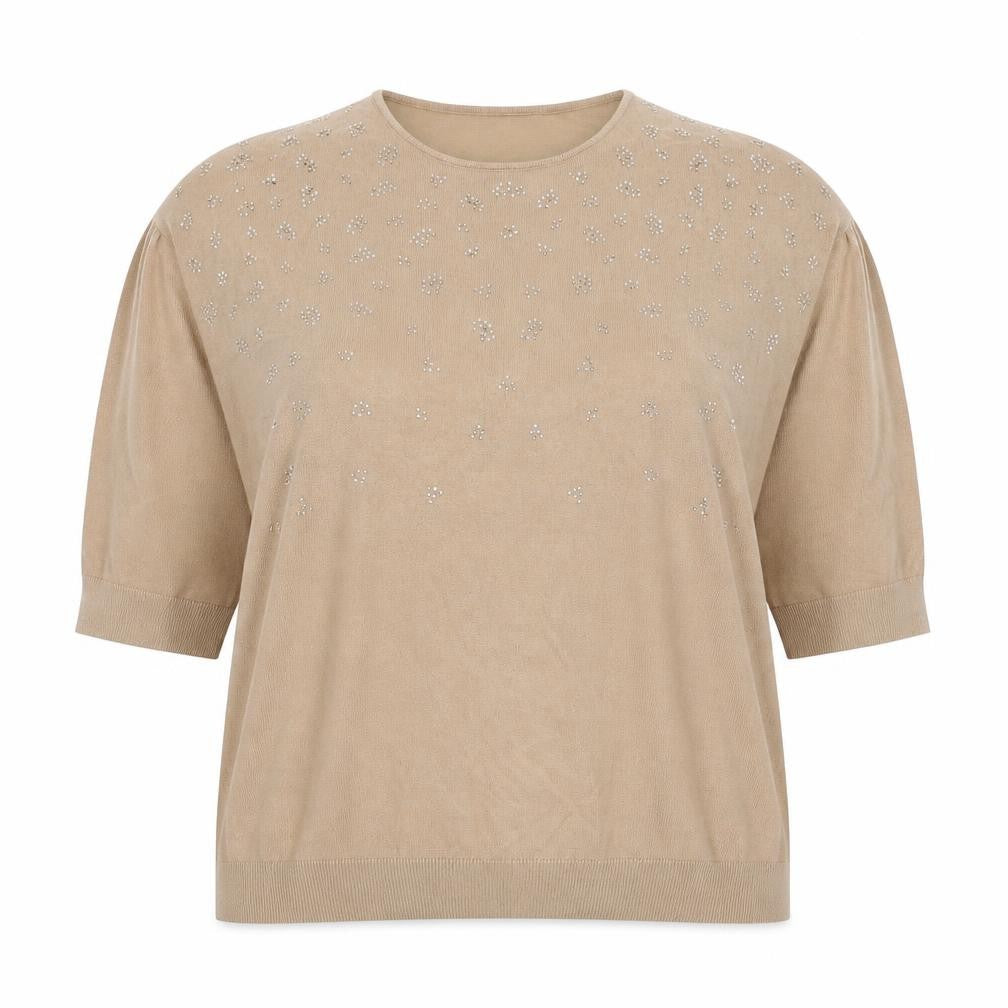Front view of Bonmarché Women's Beige Beaded Top, size 16