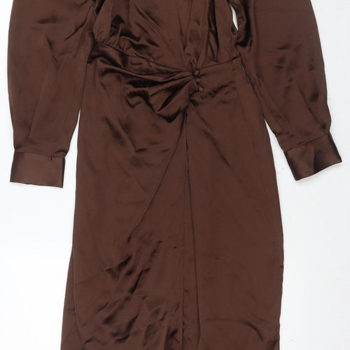 Zara Women's Brown Dress XS V-Neck Long Sleeve