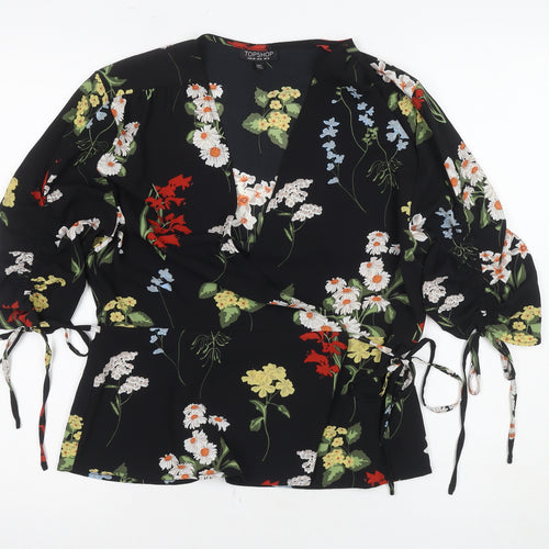 Topshop Women's Black Floral Wrap Blouse Size 12