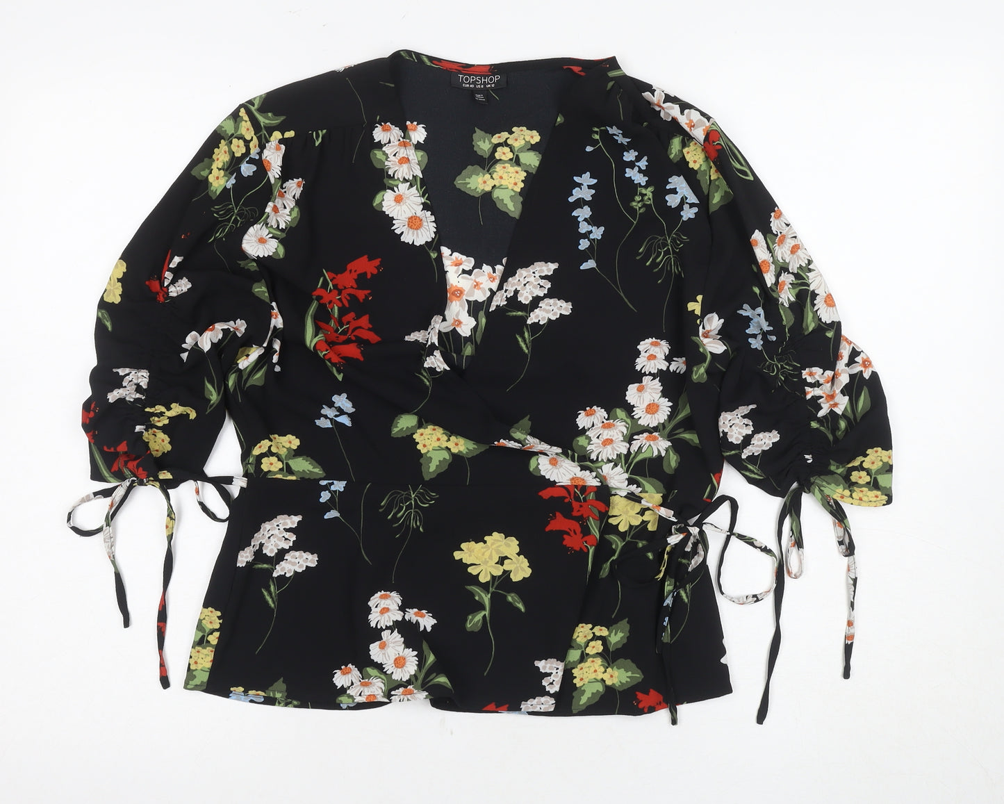 Topshop Women's Black Floral Wrap Blouse Size 12
