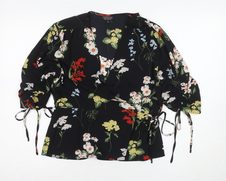 Topshop Women's Black Floral Wrap Blouse Size 12