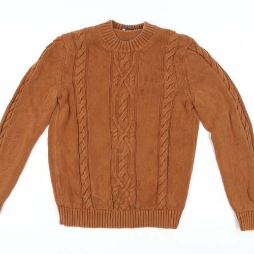Mango Men's Brown Cotton Cable-Knit Pullover Jumper, L