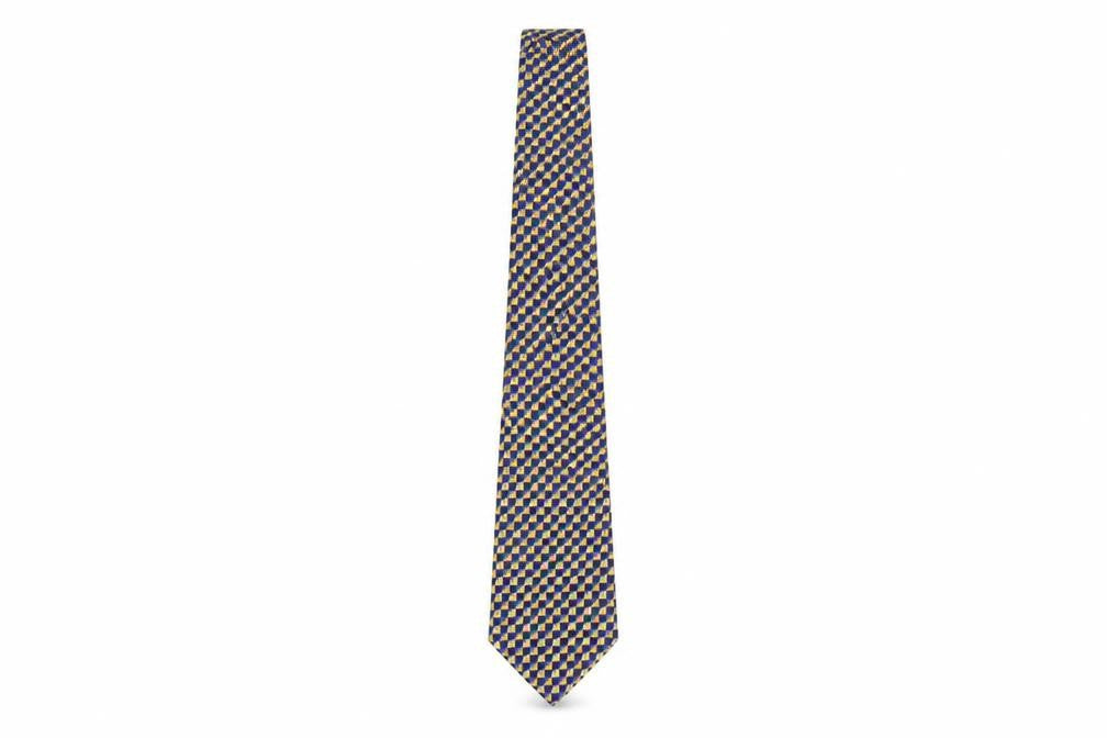 Front view of Jaeger Men's Blue Yellow Geometric Silk Tie