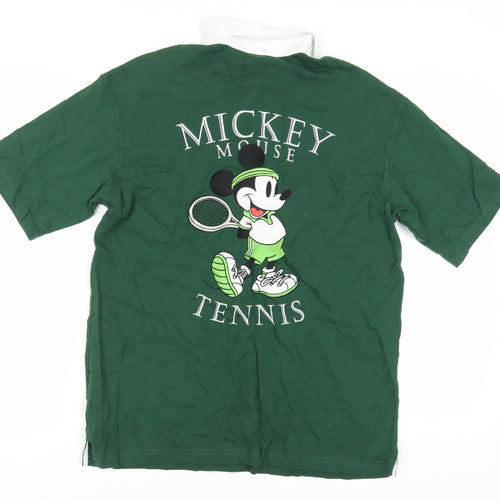 H&M Unisex Green Polo Shirt Relaxed Fit with Mickey Mouse