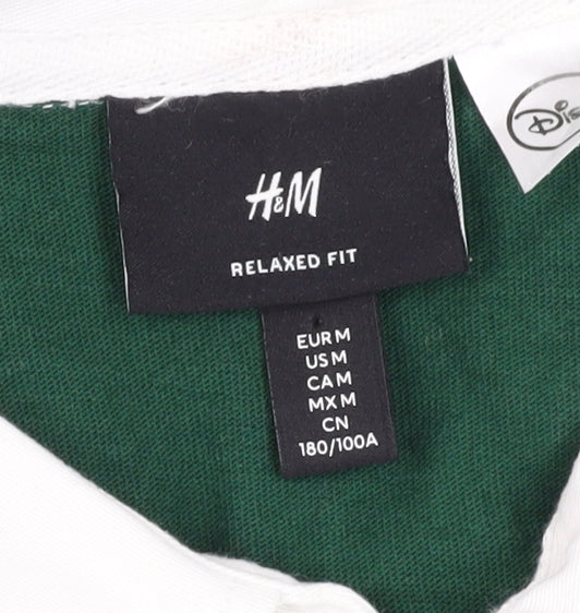 H&M Unisex Green Polo Shirt Relaxed Fit with Mickey Mouse