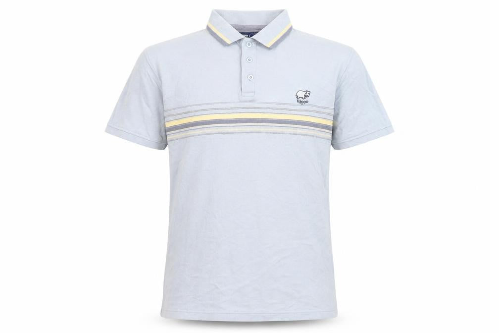 Front view of Hippo Men's Blue Striped Polo Shirt, size S