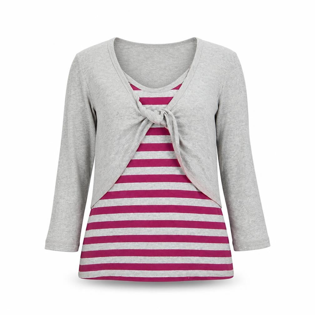 Front view of Intuition Women's Grey Striped T-Shirt, size 10