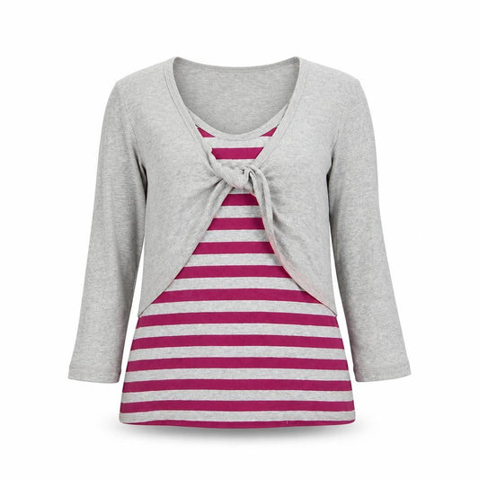 Front view of Intuition Women's Grey Striped T-Shirt, size 10
