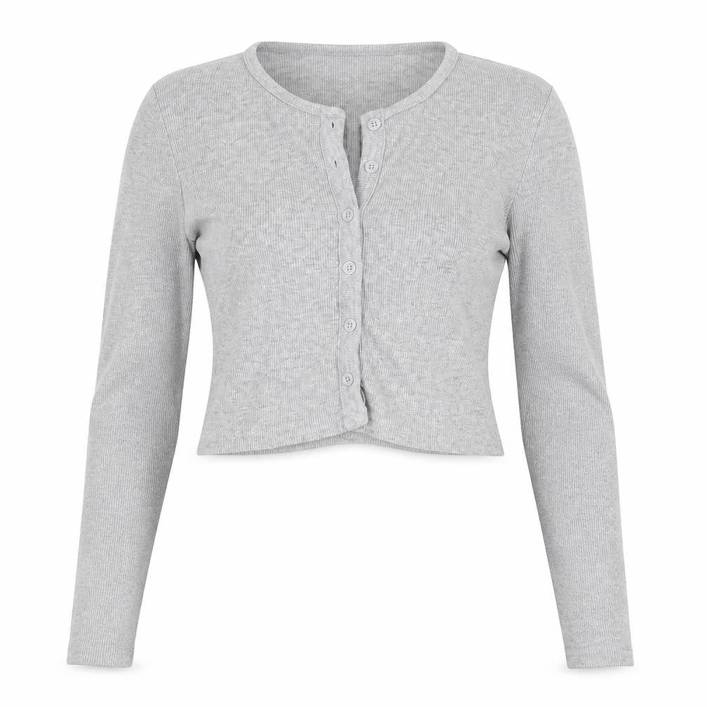 Front view of Zara Grey Cropped Button-Up Women's Long Sleeve