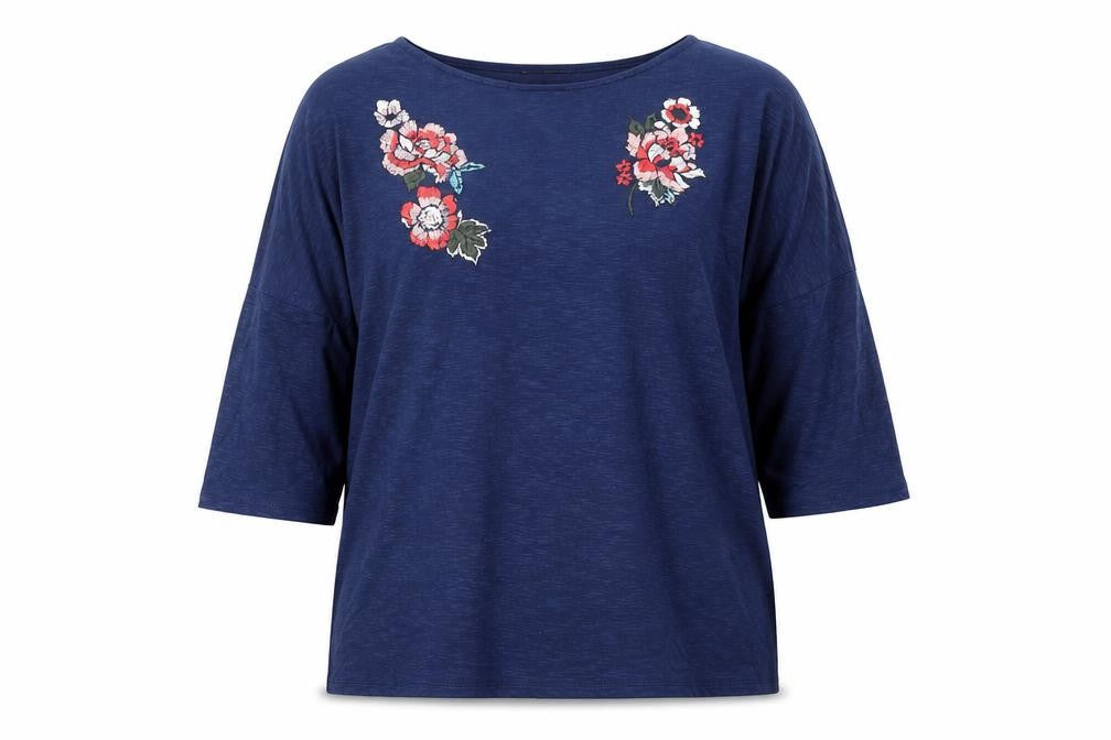 Front view of Marks & Spencer Women Blue 3/4 Sleeve Embroidered Top