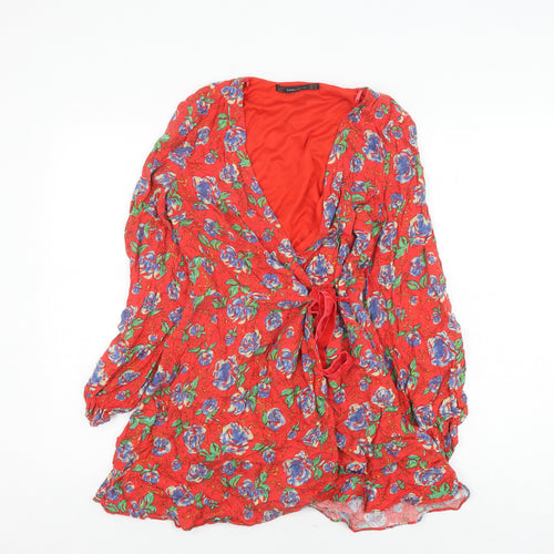 Trafaluc Red Floral Short Wrap Dress Size 8