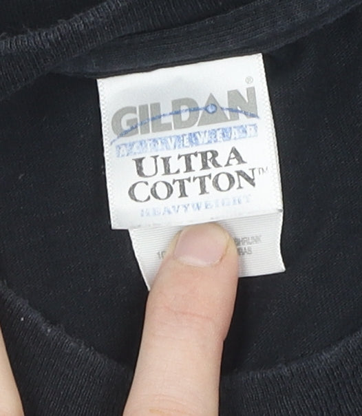 Gildan Men's Black Crew Neck T-Shirt, Size L, Beach Theme