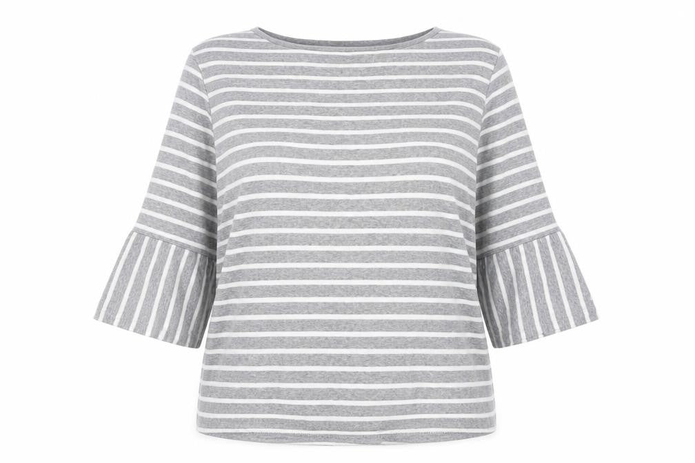 Front view of Cotton Traders Women's Grey Striped jumper, size 16