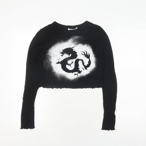 Weekday Women's Black Cropped Dragon T-Shirt, Size 12