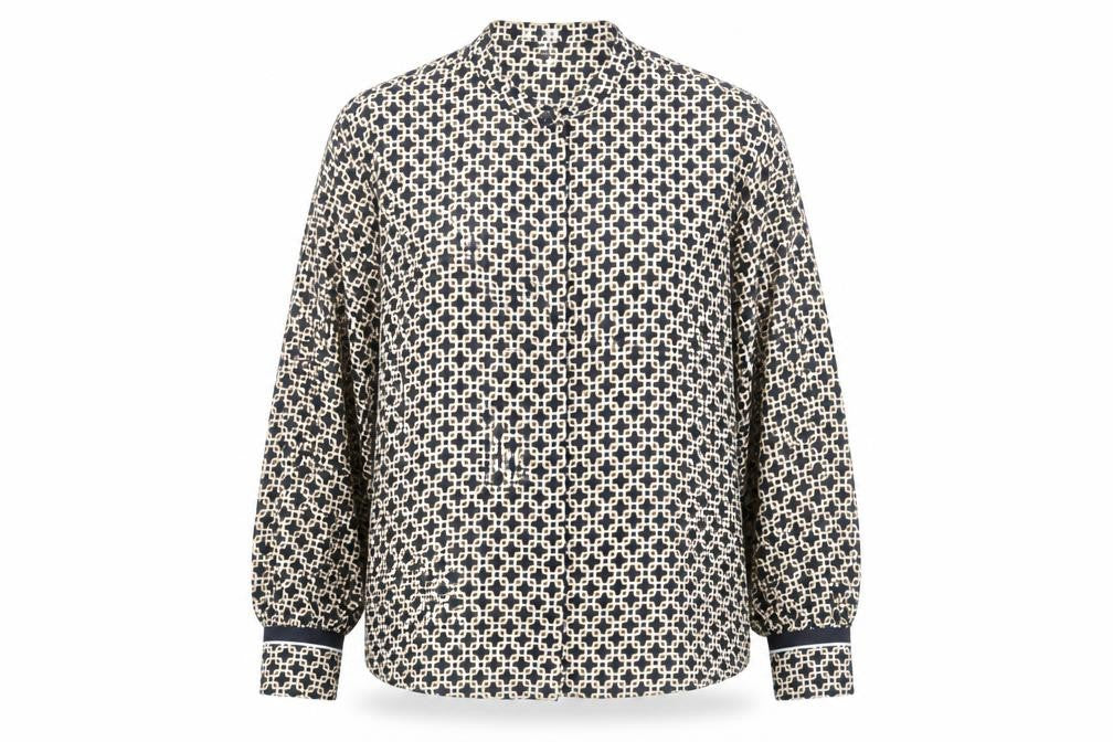 Front view of H&M Women's Beige Black Geometric Blouse, size 16