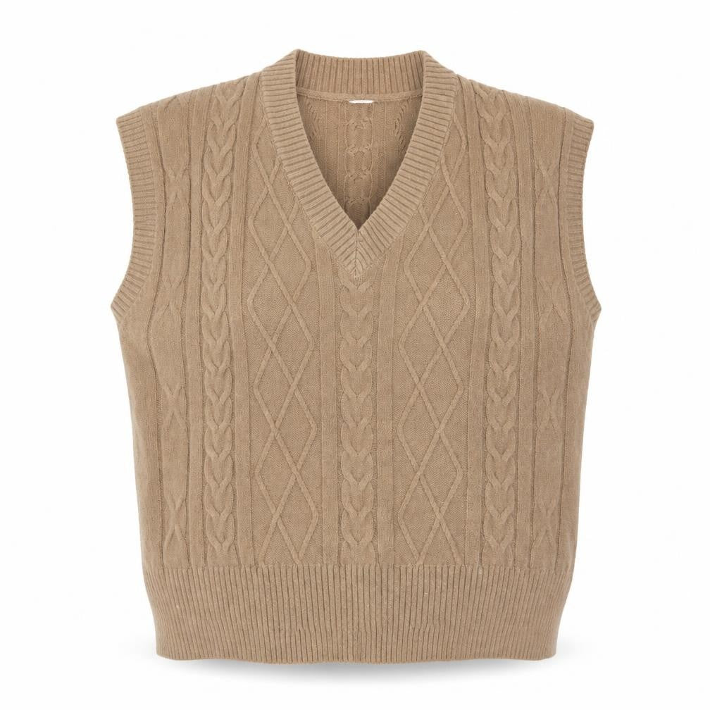 Front view of Vera Lucy Women's Beige Cable-Knit Vest, size S