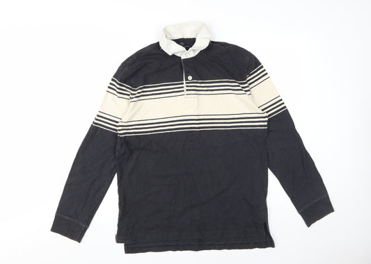 Gap Men's Black Striped Polo, Size M, Cotton Long Sleeve