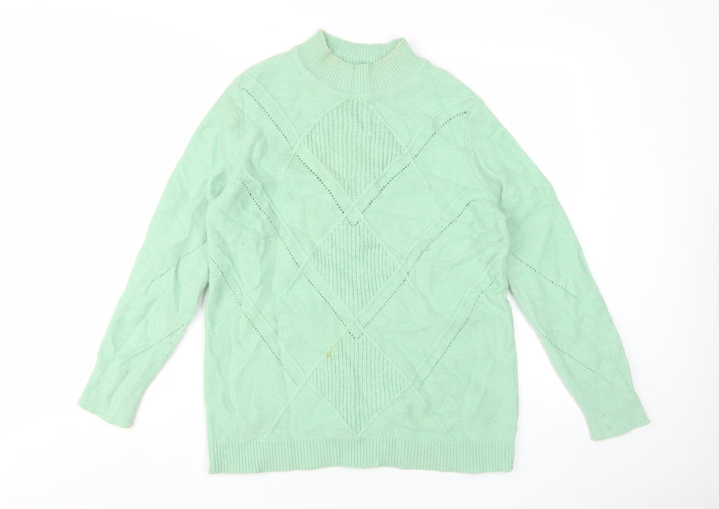 Damart Women's Mock Neck Green Jumper, Size M, Geometric Knit