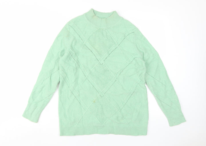 Damart Women's Mock Neck Green Jumper, Size M, Geometric Knit