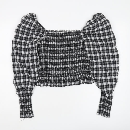 H&M Women's Black Plaid Cropped Blouse, Size M, Puff Sleeve