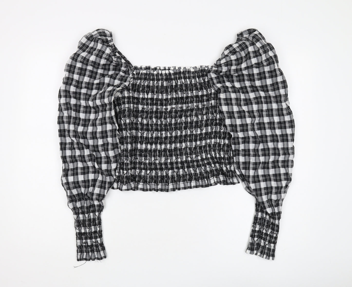 H&M Women's Black Plaid Cropped Blouse, Size M, Puff Sleeve