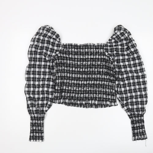 H&M Women's Black Plaid Cropped Blouse, Size M, Puff Sleeve