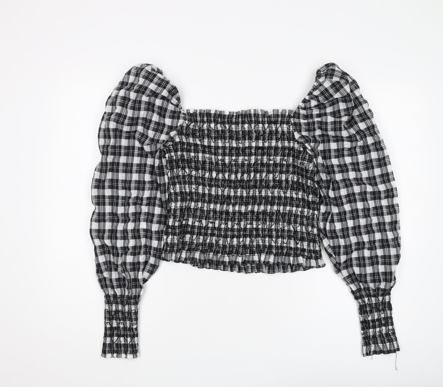 H&M Women's Black Plaid Cropped Blouse, Size M, Puff Sleeve