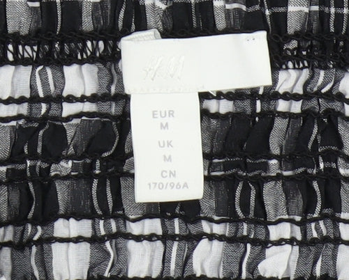 H&M Women's Black Plaid Cropped Blouse, Size M, Puff Sleeve