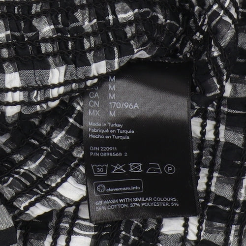 H&M Women's Black Plaid Cropped Blouse, Size M, Puff Sleeve