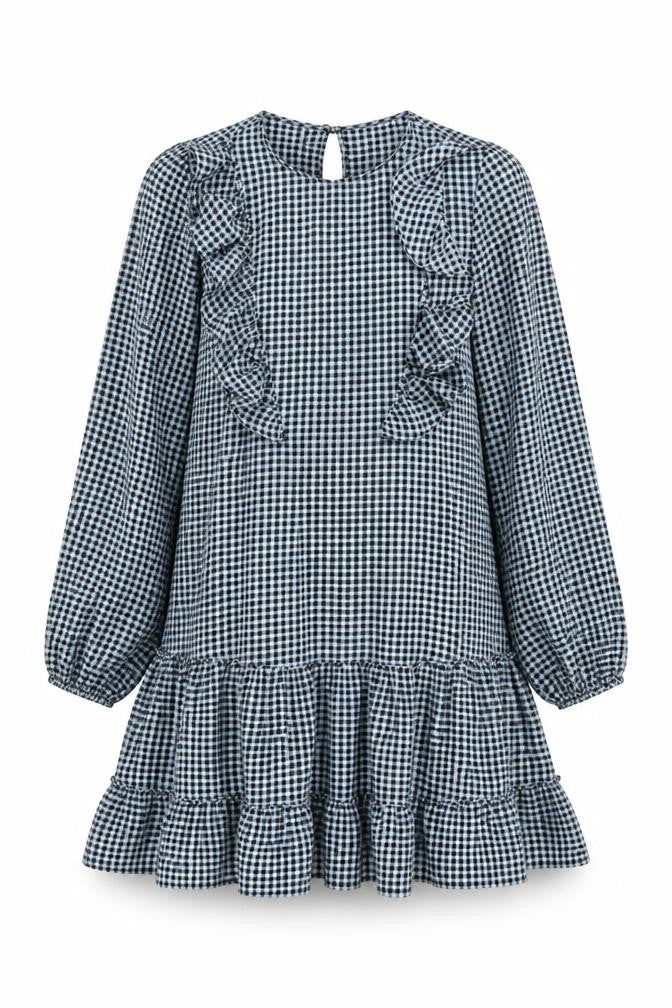 Front view of Topshop Women's Black Check Ruffle Dress, size 6