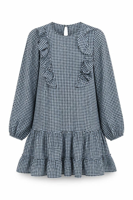 Front view of Topshop Women's Black Check Ruffle Dress, size 6